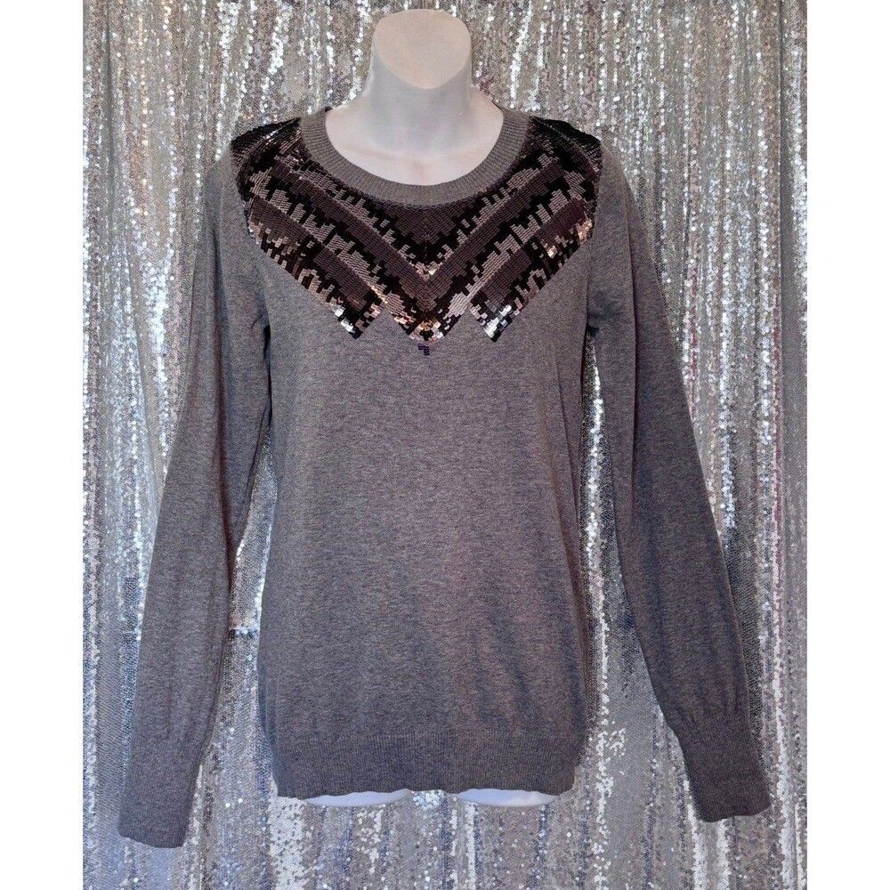 Express Womens Medium Gray Sequin Chevron Embellished Pullover Sweater Knit M